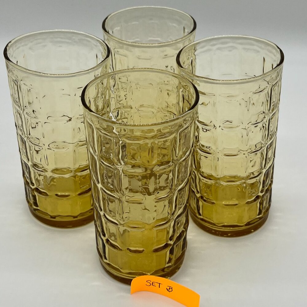 Vintage 70s Libbey Pisa Amber Windowpane Tumbler Glasses Set of 4 Lot B
